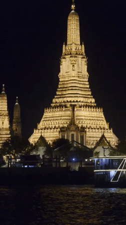 Nighttime Views of Illuminated Wat Arun Temple Documented in Bangkok