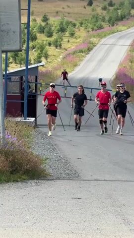 Five individuals are engaged in a race or training exercise on an asphalt road in a rural, mountainous environment. The group consists of four young men and one young woman, all wearing athletic attire and using trekking poles. The individual in the foreground, a woman wearing a red t-shirt with "MOAT" printed on it, is leading the group. She has blonde hair and is wearing black shorts and white athletic shoes. She is actively running, with her poles planted firmly on the ground.

Behind her, a young man in a black t-shirt and black shorts follows closely. To his right, another young man in a red t-shirt, black shorts, and a red headband is also running. He has a knee brace on his right knee. Further back, two more young men, one in a black t-shirt and shorts, and another in a black t-shirt and shorts, complete the main group. They are all utilizing their trekking poles to propel themselves forward.

In the background, two more individuals are visible further up the winding asphalt road. One, wearing a red shirt, appears to be on rollerblades or skis, demonstrating a different mode of propulsion. Another, smaller figure further up the road, is also moving along the road. The road is bordered by lush green grass and scattered purple flowers. Beyond the road, a hillside is covered with trees and more purple wildflowers, suggesting a summer or early autumn season.

To the left of the road, a blue and white structure with a metal gate is visible. A sign is attached to the structure. A person is partially visible inside a small booth-like structure adjacent to the gate. The overall scene depicts an outdoor athletic event in a scenic, hilly landscape.