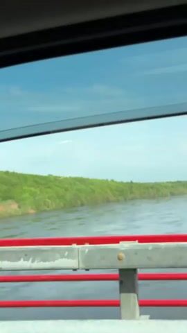 The video shows a view from inside a vehicle, possibly a car, moving across a bridge. The bridge's railing, painted red and silver, is visible in the foreground. Beyond the railing, a wide river stretches out with forested banks. The sky is blue with some clouds. The vehicle seems to be moving at a steady pace, offering a glimpse of the landscape as it passes.