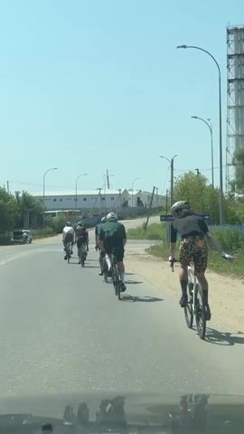 A group of cyclists are riding down a paved road on a sunny day. The cyclists are in single file and appear to be in a race or a group ride. The cyclist in the foreground is wearing leopard-print shorts and a black t-shirt. The other cyclists are wearing various colored jerseys and shorts. The road is lined with trees and bushes, and there are some buildings in the background. The sky is clear and blue. The video appears to be shot from inside a vehicle.