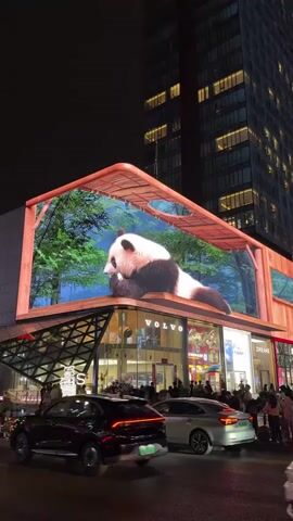 At night, a large outdoor LED screen displays a panda lying on a wooden platform set against a backdrop of lush greenery. The screen is mounted on a building above storefronts, one of which is a Volvo dealership. Pedestrians walk on the sidewalk in front of the building, and several cars drive along the street. In the background, a tall building with many illuminated windows is visible against the night sky. The panda on the screen appears to be eating.