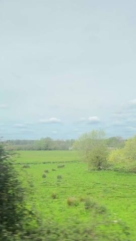 The video shows a rural landscape seen from a moving vehicle, presumably a train. Lush green fields are prominent, interspersed with patches of trees and small bodies of water. The sky is overcast with a few scattered clouds. As the vehicle progresses, the landscape changes from dense foliage to more open fields.