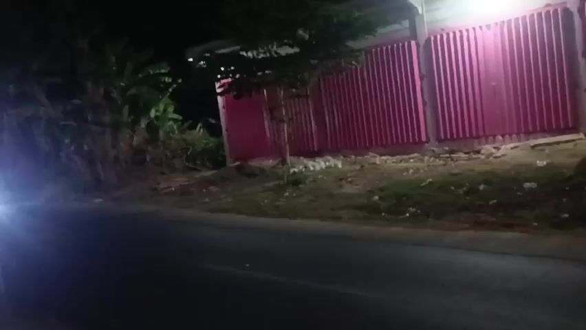 This is a low-light video taken at night. In the foreground, there is a dark asphalt road with white lane markings. To the left of the road, there is a grassy embankment with some vegetation and trees. On the right side of the road, there is a building with a pink corrugated metal facade.

At 00:00, headlights from an unseen vehicle illuminate the road from the left. At 00:01, a dark-colored pickup truck with bright blue headlights drives past, its headlights casting a strong blue light on the road and the surrounding area. A person appears to be in the driver's seat. At 00:02, a person on a bicycle, wearing a light-colored shirt, rides past on the road. The bicycle has a green bag attached to the rear. Another dark vehicle, possibly a car, is partially visible on the right side of the road, moving away from the camera. The overall impression is of a street scene at night with passing vehicles and a cyclist.