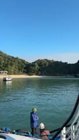 The video shows a tropical beach from the perspective of a boat on the water. The beach is small with white sand and green vegetation. There are a few people on the beach. The water is calm and turquoise in color. The sky is blue and clear. The boat is moving towards the beach. A man wearing a green beanie is standing in the boat.