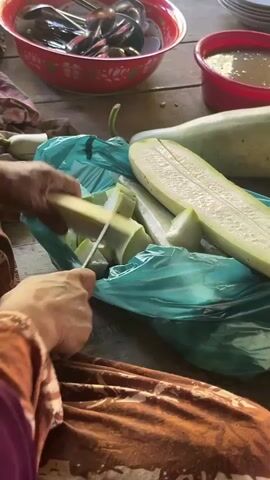 A person's hands are shown slicing a light green gourd into bite-sized pieces. The gourd is inside a teal plastic bag. Two whole gourds are visible, one is cut in half lengthwise, and the other is whole. There is a red bowl filled with utensils and a smaller red bowl with a liquid in it. The scene appears to be outdoors or in an open-air setting, with a wooden table as the surface. The person is wearing a patterned fabric.