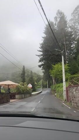 The video shows a car driving on a road up a hill on a cloudy day. The road is wet. The area is green with trees and vegetation. There's a building with an outdoor seating area to the left, and a sign next to the road that reads "ARRAIAL." Utility poles and wires run along the side of the road. There are yellow trash cans visible beside a wall along the road.