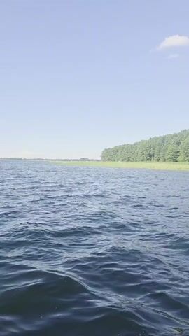 The video begins with a view of dark blue, choppy water. In the distance, a line of green trees borders the water. The sky is a light blue with a few wispy white clouds. A thin, vertical silver object, possibly a pole or railing, enters the frame from the right side, obscuring a portion of the water and trees. The camera appears to be moving, as indicated by the slight tilt and the movement of the waves. The overall environment suggests an outdoor setting, likely a lake or a large body of water, on a sunny day. The presence of the silver object suggests the viewpoint is from a boat or a similar structure.