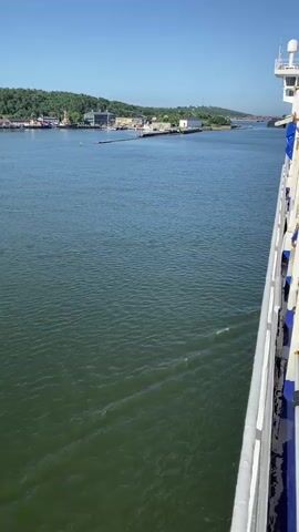 The video shows a view from the side of a large ship as it moves through a body of water. The water is a murky green color and has small ripples on its surface. In the distance, there is a coastline with hills covered in green trees. On the coastline, there are buildings that appear to be part of a city or town. There are also some smaller boats and structures in the water near the shore. The sky is a clear, bright blue. The right side of the video shows the white and blue railing of the ship the video is being filmed from.