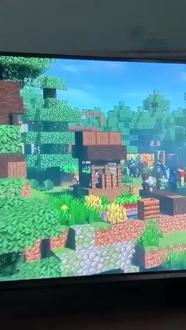 The video shows a screen displaying Minecraft gameplay. The scene features blocky, pixelated characters and environments. In the foreground, two Minecraft characters, one in a red shirt and the other in a blue shirt, are walking towards the viewer. Behind them, two other characters, one with blonde hair and a green shirt (likely Alex) and another with blue hair and a teal shirt (likely Steve), are standing and facing the viewer. The environment is a typical Minecraft landscape with trees, grass, and wooden structures. The characters appear to be engaged in some sort of interaction or scene. The video quality is slightly blurry.