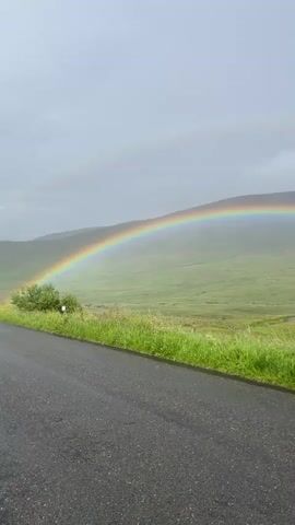 This media file captures a stunning natural phenomenon: a double rainbow arcing across a lush, green landscape. The foreground features a wet asphalt road, suggesting recent rain. Tall, green grass lines the edge of the road, with some small yellow wildflowers visible among it.

The main subject is the vibrant double rainbow, with the primary bow being the most prominent, displaying a full spectrum of colors. A fainter, secondary rainbow is visible above it. The rainbow stretches across rolling green hills that recede into the distance. The hills appear to be covered in grass or low vegetation, with some shadowy areas suggesting undulations in the terrain. A few small, dark figures, possibly sheep or people, are scattered across the fields, adding a sense of scale. A single wooden fence post stands in the middle ground, adding a rustic element to the scene.

The sky is overcast with a grey, diffused light, indicating a cloudy or misty day, which is typical weather for the appearance of rainbows. The overall atmosphere is serene and picturesque, evoking a sense of wonder and the beauty of nature. The time of day is not explicitly clear, but the soft, even lighting suggests it could be mid-morning or afternoon. The location context of Newry, United Kingdom, aligns with the landscape and weather conditions often found in the region. No text is visible in the media file.