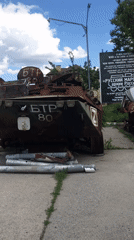 Destroyed Russian military vehicles displayed as public war memorial