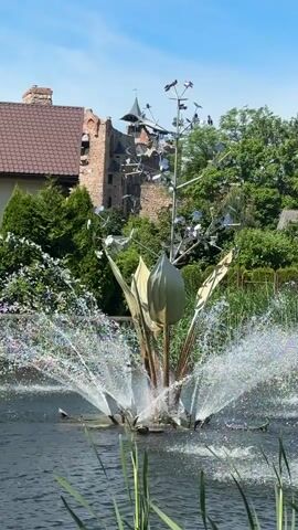 This is a video of a modern art sculpture in a pond, with a castle and surrounding greenery in the background. The sculpture is made of metal and resembles a lotus flower with an elaborate, tree-like structure rising from its center. The tree-like structure is adorned with numerous small, metallic elements that appear to be spinning, possibly acting as pinwheels or wind chimes. The lotus flower base of the sculpture is actively spraying water, creating a dynamic and splashing fountain effect.

In the background, a quaint building with a reddish-brown tiled roof and stone accents is visible. Further back, a rustic stone castle with a dark, pointed tower stands prominently against a clear blue sky. Lush green trees and bushes surround the pond and buildings, indicating a vibrant outdoor setting.

The overall scene suggests a pleasant daytime, likely late morning or afternoon, given the bright sunlight casting shadows. The weather appears to be fair and sunny, contributing to the lively atmosphere of the fountain. The presence of water and greenery points to a natural or park-like setting. The art installation itself is the central focus, its intricate design and active water display creating a sense of movement and visual interest. The absence of people in the frame emphasizes the artwork and the natural surroundings. The location context of Dobele, Latvia, combined with the visual elements of the castle, suggests a historical or cultural attraction within the region.