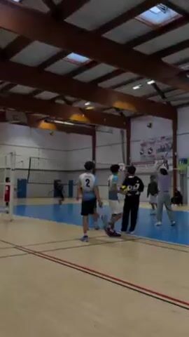 Inside a brightly lit gymnasium with a blue court and wood-beam ceiling, a group plays volleyball. Team members wearing blue and white jerseys with numbers 2, 7, and 13 stand near the net. One player in a black jacket with white stars looks on. Other players can be seen further back on the court.  A volleyball floats in the air, about to be served. A white net divides the court.  Posters are displayed on the wall.