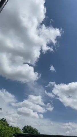 The video shows a bright blue sky with scattered white cumulus clouds. The camera pans slightly upwards, revealing a sliver of green trees and what appears to be the top of a metal structure at the bottom of the frame. A small dark object, possibly a bird or insect, briefly appears in the upper left corner of the sky at 00:03. There are no people or animals directly visible, and no discernible actions or interactions taking place other than the natural movement of clouds and the camera's slight pan. The overall environment appears to be outdoors on a sunny day.