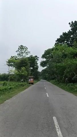 The video shows a straight, paved road with a white dashed line down the center. The road is flanked by lush green foliage and trees on both sides. The sky is overcast and appears to be a pale gray. On the left side of the road, about a quarter of the way into the video, there is a three-wheeled vehicle parked on the shoulder. It is yellow with a red and white canopy, and appears to be a type of auto-rickshaw or small truck. There are no people clearly visible interacting with the vehicle or in the immediate vicinity. The overall impression is of a rural road on a cloudy day.