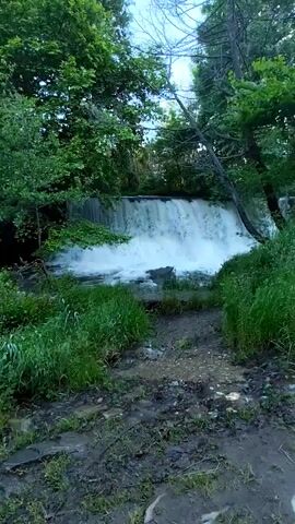 The video shows a small waterfall in a wooded area. The waterfall appears to be man-made, with the water cascading over a dam-like structure. The water is white and foamy as it falls. The surrounding area is lush and green, with trees and grass. The ground in the foreground is muddy and wet. The sky is visible through the trees and appears to be partly cloudy. There are no people visible in the video.