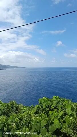 The video pans across a vast blue ocean with a distant coastline. The sky above is a vibrant blue dotted with fluffy white clouds. In the foreground, lush green foliage fills the bottom of the frame. A thin black wire stretches horizontally across the upper portion of the image. The camera appears to be positioned on a vantage point, looking down and out over the seascape. No people or specific objects are clearly identifiable in the scene.