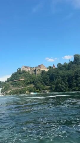 This media file captures a wide shot of the Rhine Falls in Neuhausen am Rheinfall, Switzerland. The scene is dominated by a bright blue sky with scattered clouds, suggesting a pleasant, sunny day, likely late morning or early afternoon.

The foreground features the choppy, turquoise water of the Rhine River, with white foam indicating its rapid current and the proximity of the falls. In the mid-ground, the magnificent Rhine Falls are visible as a powerful cascade of white water plunging over a rocky ledge. The scale of the falls is emphasized by the perspective from the river.

On the right bank of the river, a dramatic incline is covered in lush green trees. Perched atop this hill is a large, historic stone castle with multiple turrets and buildings, overlooking the falls and the river. A walkway or bridge is visible winding its way up the side of the hill towards the castle. Further to the left, across the river and behind the falls, are a cluster of modern buildings, indicating a town or city. Two boats are visible on the river, suggesting tourism or transportation activities.

The overall mood of the scene is serene and majestic, highlighting the natural beauty and historical significance of the location. There is no visible text in the media file.