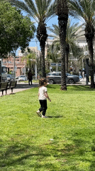 Girl plays, parakeets forage in Kiryat Bialik park
