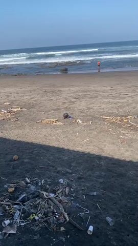 A beach scene with a person in the distance. In the foreground, a motorcycle helmet is partially buried in the sand, surrounded by debris that includes wood, plastic bottles, and other trash. The ocean waves are visible in the background, and the sky is clear.