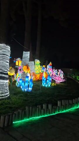 The video showcases an outdoor display of illuminated Chinese lanterns at night. The display features various shapes and colors, including flower-like structures, geometric shapes, and representations of underwater scenes. The lanterns are arranged on a grassy area bordered by a low wooden fence with a green light strip running along its base. A paved walkway lined with a white fence is visible in the background, with people strolling along it. The surrounding environment is dark with trees silhouetted against the night sky. The overall impression is a vibrant and festive nighttime scene.