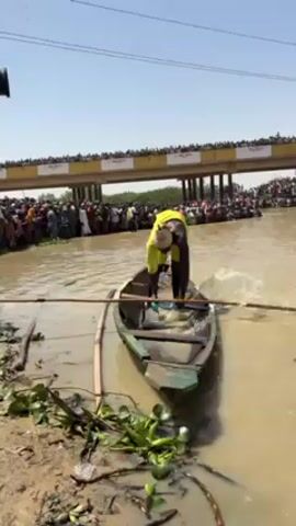 The video depicts a man in a yellow wetsuit and black boots, leaning into a small, green, wooden boat. He is using a long pole in the muddy water, possibly to fish. The boat is near a muddy bank with water hyacinth plants. In the background, a large crowd of people lines the banks of the waterway, and a bridge spans across. The sky is clear and bright.