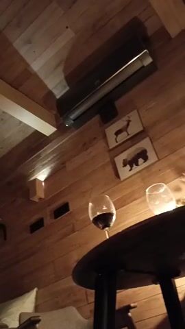 The video begins with a low-angle shot of a cozy room with wood-paneled walls. A black round table is in the foreground with two wine glasses on it, one filled with red wine. Above the table, on the wall, are two small pictures of animals (a deer and a bear), and a long black rectangular object which might be a heater. The camera then moves upwards to show wooden beams on the ceiling, before tilting down to reveal a person in bed. Only their legs and feet are visible at first, but they are wearing grey pants and one purple sock. The camera angle suggests the bed is on a higher level, possibly a loft area. The person then picks up a white smartphone. The scene is dimly lit, creating a relaxed atmosphere.