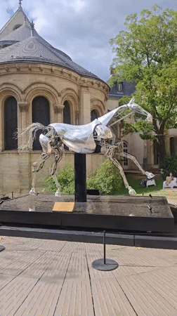 Reflective metal horse sculpture on display in Paris