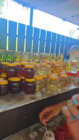 The video pans across a market stall displaying numerous jars of honey. The jars are of various sizes and filled with honey of different colors, ranging from light yellow to dark amber. Some jars have yellow lids, while others have dark brown or red lids. Several jars have handwritten price tags attached to them, showing prices such as 600, 800, 900, 1200, and 1600. In the foreground, a hand with blue nail polish holds a white plastic stirring stick, suggesting a tasting or sampling is taking place. Behind the jars, a wooden fence with vertical slats forms a backdrop, and the scene appears to be outdoors, with greenery visible in the background. A small garden gnome figure is placed among the jars of honey on the right side of the stall.
