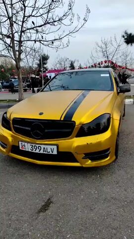 The video shows a gold-colored Mercedes-Benz C-Class sedan parked outdoors. The car has a black racing stripe down the hood, blacked-out headlights, and black rims. An Instagram handle, "borz_kg001," is prominently displayed on the side of the car. People are walking around in the background of the scene. The sky is overcast, and there's a bare tree visible behind the car.