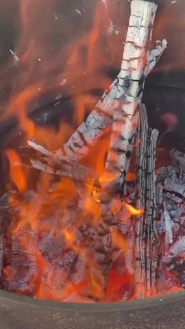 The video shows a close-up of a burning fire inside a black metal container. The fire consists of flames and burning pieces of wood, with some of the wood partially charred.  A piece of wood is added to the fire at one point.