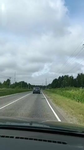 A dash cam view captures a dark-colored sedan traveling on a paved road. The road is lined with green grass and trees on both sides. Utility poles and power lines run along the right side of the road. The sky is cloudy with some blue visible. The camera is inside a vehicle, and the dashboard is visible in the foreground. The sedan in front appears to be the only other vehicle on the road. The footage captures the rear view of the sedan.