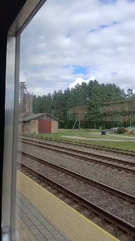 The video shows a view from a train window. There are multiple sets of train tracks in the foreground. Beyond the tracks is a grassy area with a building and trees. The building appears to be made of brick with a red door and a tall silo attached. There is also a smaller wooden structure next to it. A dense forest of pine trees is visible behind the building. In the distance, there are some utility poles and possibly some construction equipment. The sky is cloudy. The train is stationary at a platform, indicated by the yellow line on the edge of the platform visible in the lower left corner of the frame.
