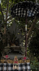 Tourist documents cafe visit near Balinese shrine in Kuta