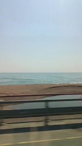 The video shows a coastal scene from a moving vehicle. The ocean is visible with light waves under a clear, pale blue sky. A sandy beach lies between the ocean and the foreground. In the foreground, a metal guardrail runs horizontally across the frame, indicating the perspective is from a road or bridge. Green vegetation blurs as it passes by. There are no people or specific objects clearly visible on the beach or in the water. The overall impression is of a scenic drive along the coast.