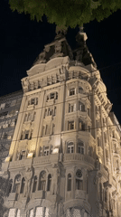 Ornate illuminated building captured on video in nighttime Buenos Aires