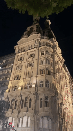 Ornate illuminated building captured on video in nighttime Buenos Aires