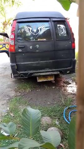 A black van is parked on a dirt and grass area. The van has a custom decal on the rear window. A yellow license plate is visible on the back of the van. There is a hose lying on the ground to the right of the van. A portion of a yellow vehicle is visible to the left of the van.
