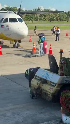 The scene unfolds on a concrete airport tarmac, bathed in daylight. A white turboprop aircraft, operated by Cebu Pacific, occupies the left side of the frame. It is surrounded by orange traffic cones.  Multiple workers are present on the tarmac, all wearing hats and reflective vests. One worker is pushing a flatbed cart, while another adjusts something on a yellow vehicle, also marked with the Cebu Pacific logo.  Other individuals, including some wearing official attire, are walking away from the plane towards the background. Palm trees are visible in the distance.
