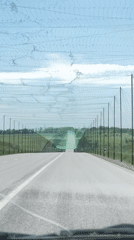 Car travels under green netting structure on Kharkiv highway