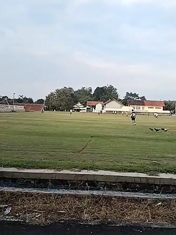 The video shows a soccer practice on a grassy field. There are multiple players in white and black uniforms scattered across the field, some are moving with the ball.  Behind the field are low-lying buildings, and trees are visible in the background. In the lower part of the frame is a bench, and some dry vegetation in front of a concrete barrier. The sky is overcast.