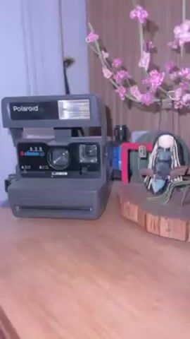 Here is a concise description of the video:

The video shows a collection of objects arranged on a wooden surface. On the left, there's a grey Polaroid 635 Close Up camera. Beside it is a decorative arrangement that includes a small artificial cherry blossom tree in a green vase, along with a diorama featuring miniature figures—two doll-like characters and a small building resembling a Japanese temple. A miniature canvas on a small easel shows a painting reminiscent of "The Great Wave off Kanagawa." Finally, on the right, a bottle of Hibiki Japanese Harmony whiskey is visible. The background consists of a neutral-toned paneled wall. The camera slowly pans from left to right, showing the full arrangement.