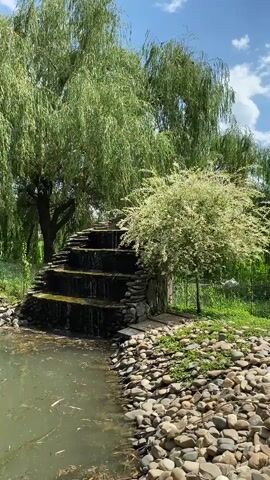 This is a landscape video of a tiered waterfall built with stones and surrounded by lush greenery and trees. The waterfall cascades into a calm pond, and the scene is further enhanced by the presence of large willow trees, their branches gracefully hanging. A smaller, bushy tree with white flowers stands beside the waterfall, adding a touch of color. The ground around the pond is covered with smooth, rounded river stones. In the background, a fence and more trees are visible, suggesting a park or garden setting. The sky above is blue with scattered white clouds, indicating fair weather, likely midday. No people or animals are clearly visible. The overall mood is peaceful and serene, highlighting the natural beauty of the landscape. The location context of Plastunovskaya, Russia, suggests a rural or semi-rural environment. There is no visible text in the video.
