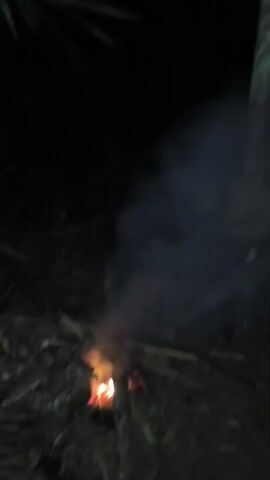 The video depicts a nighttime scene outdoors, likely a campsite. A fire burns in the foreground, emitting smoke. In the background, a person is visible near a tree. The camera then pans to show another person in the mid-ground, and then a hammock or tent structure made of green and blue fabric, suspended between trees. The environment appears to be natural, with foliage and trees visible. The lighting is dim, suggesting it is dark outside, with the fire providing the primary light source.