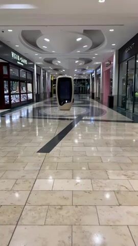The video shows a quick pan through what appears to be a deserted shopping mall. The floor is tiled in a beige and grey pattern. There's a large informational kiosk in the center of the hallway. Two stores, Weir & Sons and Brown Thomas, are visible on either side of the hallway. The video ends with a hand holding a can of Zero Sugar Monster energy drink.