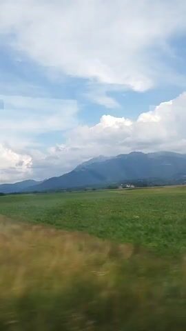 This is a first-person perspective video from a moving vehicle looking out at a rural landscape. The foreground is dominated by a blurry field of dry grass, possibly a harvested wheat field. In the middle ground, there are more fields, some appearing green and others a golden brown. Further in the background, rolling hills and mountains are visible, some with hazy peaks. The sky is a vibrant blue with scattered white clouds, some of which are large and puffy. The scene suggests a sunny day in a natural environment. The video is short and continuous, showing a steady movement of the landscape. There are no people or objects clearly identifiable within the frame, only the natural scenery.