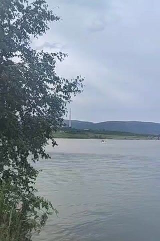 This is a video clip of a wide, calm body of water, likely a lake or river, under a cloudy sky. The water is a deep gray-blue, with gentle ripples on the surface. In the distance, a low, tree-covered mountain range stretches across the horizon. On the left side of the frame, the dark green leaves of a tree branch are visible in the foreground, partially obscuring the view of the water.

A small, white boat is visible on the water in the middle distance, moving from left to right. Further in the distance, near the shoreline, there appear to be some buildings or structures, and a tall, industrial-looking chimney or tower can be seen on the far left. The overall impression is one of a serene, slightly overcast day in a natural setting, possibly a reservoir or a large lake. The weather appears to be mild, with diffused light from the overcast sky. The scene evokes a sense of tranquility and open space.