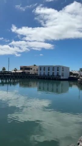 The video captures a serene daytime scene at a marina in Yaiza, Spain, under a bright blue sky dotted with scattered white clouds. The calm, turquoise water reflects the sky, clouds, and surrounding structures, creating a mirror-like effect.

In the foreground and middle ground, a long wooden pier with distinctive X-shaped railings extends across the water. Numerous sailboats and yachts are docked along the pier, their masts creating a dense pattern against the sky. A few individuals can be seen walking leisurely on the pier.

On the far side of the marina, waterfront buildings are visible. One prominent light-colored building with dark windows has text faintly visible on its facade, which appears to read "Puerto Calero." Adjacent to it is a modern building featuring a light blue and white exterior with large, dark, window-like architectural elements. Palm trees are also scattered among the buildings.

The camera slowly pans from left to right, revealing more of the extensive pier and the multitude of boats, emphasizing the tranquil and sunny ambiance of the harbor.