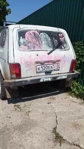 The video shows a white Lada Niva parked next to a green corrugated metal fence on a sunny day. The car has been splattered with pink and light blue paint, obscuring the rear window. The license plate number K 120 EA 550 RUS is visible. A sticker featuring an off-road vehicle and the text "Группа погружения H2O" is attached to the side window. The ground is a mix of concrete and dirt with some vegetation growing nearby.