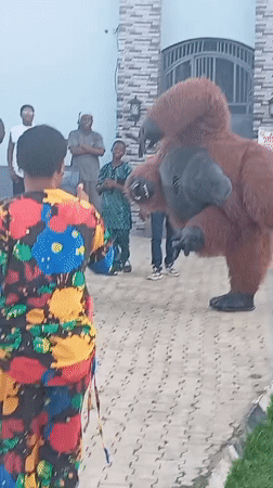 Gorilla-costumed dancer draws crowd in Rido, Nigeria